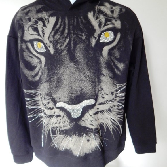 NEW HEADS OR TAILS Rhinestone Tiger Face HOODIE PULLOVER SWEATSHIRT Black Large - Picture 7 of 8